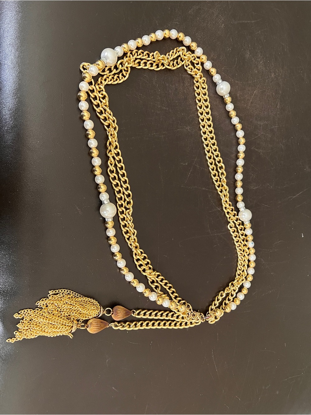 Express women’s gold pearl vintage chain belt tassels Layered 34" 80s/90s